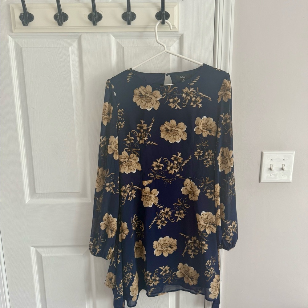 Lulu's Navy and Gold Floral Long Sleeve Dress